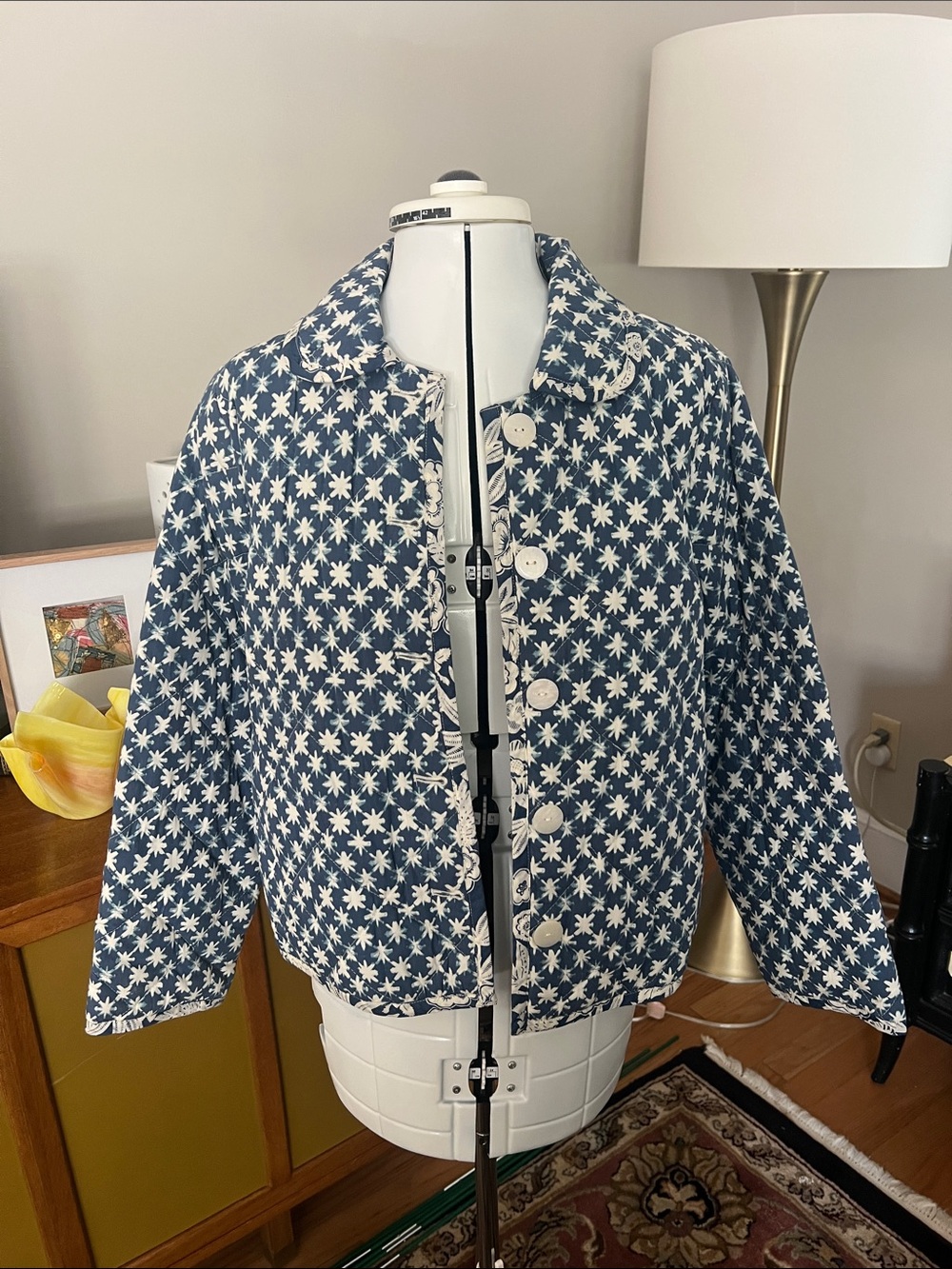 Universal Thread Blue Quilted Floral-Print Bomber Jacket